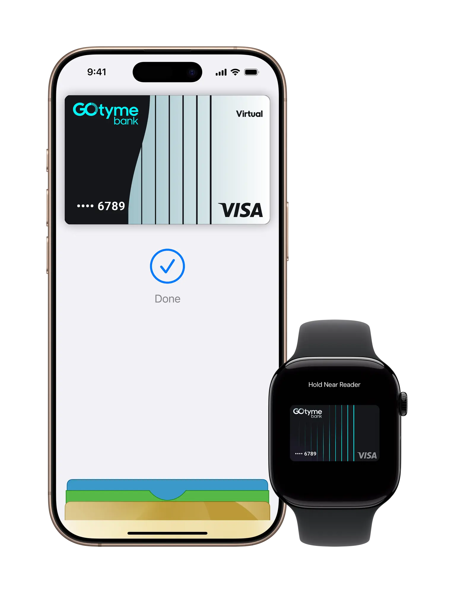 iPhone and Apple Watch showing GoTymeBank card in Apple Pay