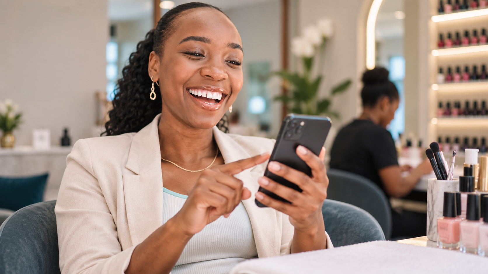Woman smiling while making an Instant Payment on her phone