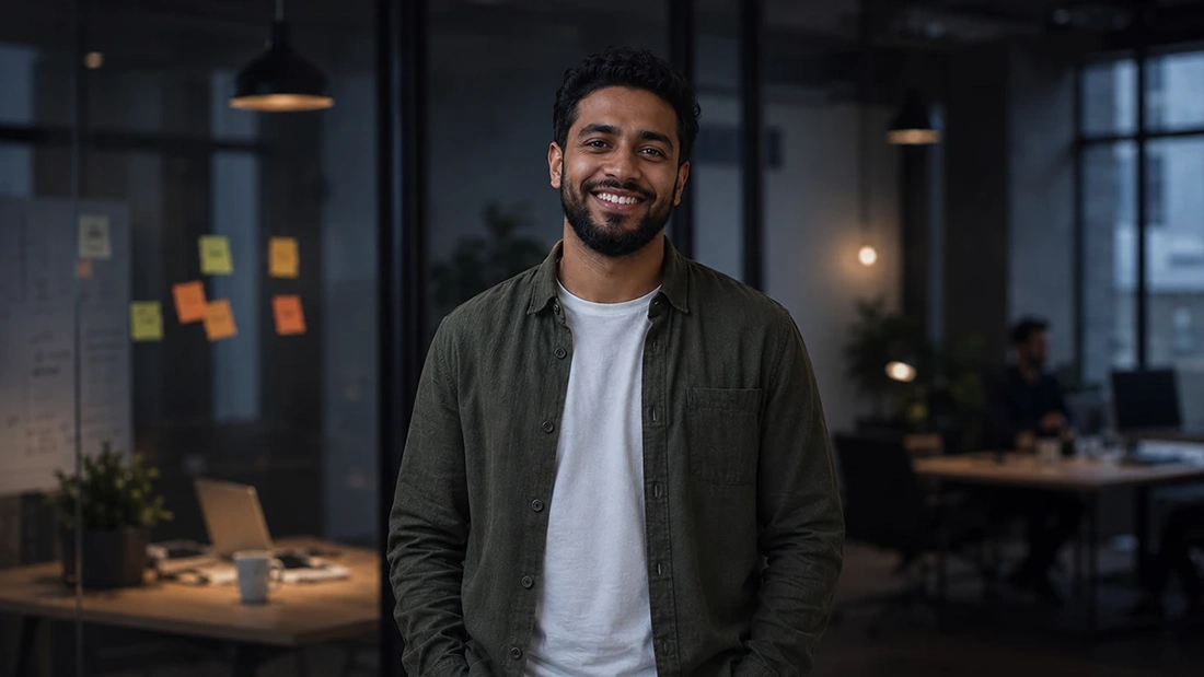 Smiling business owner standing in a modern office