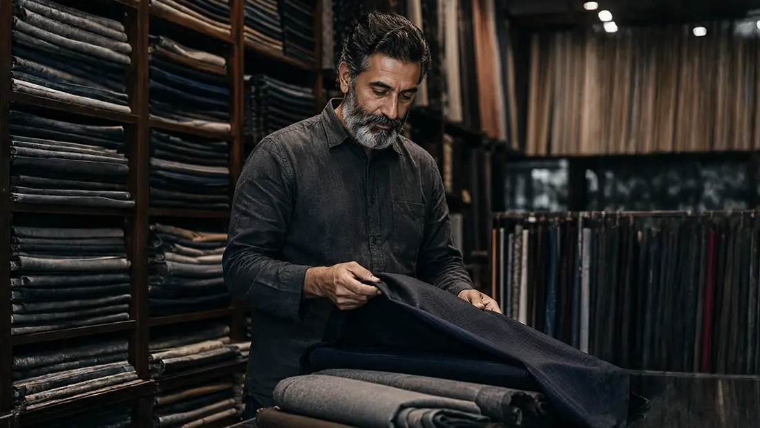 Fabric store owner inspecting a roll of cloth