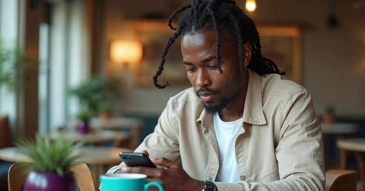 Man checking his phone at a café table