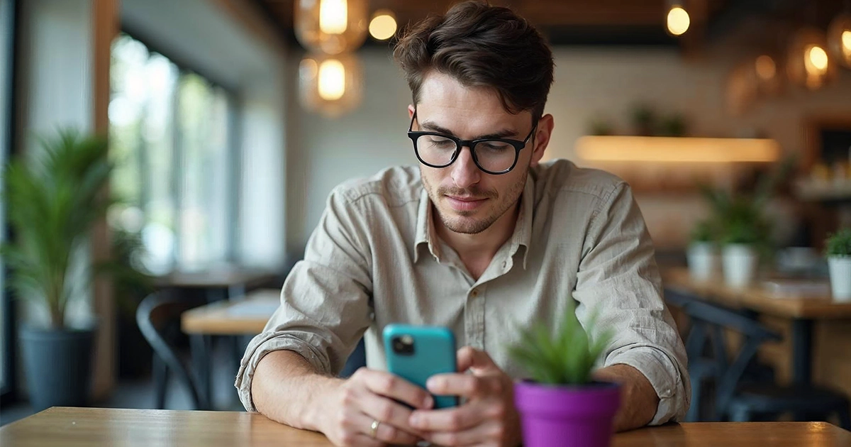 Man using his phone at a café table