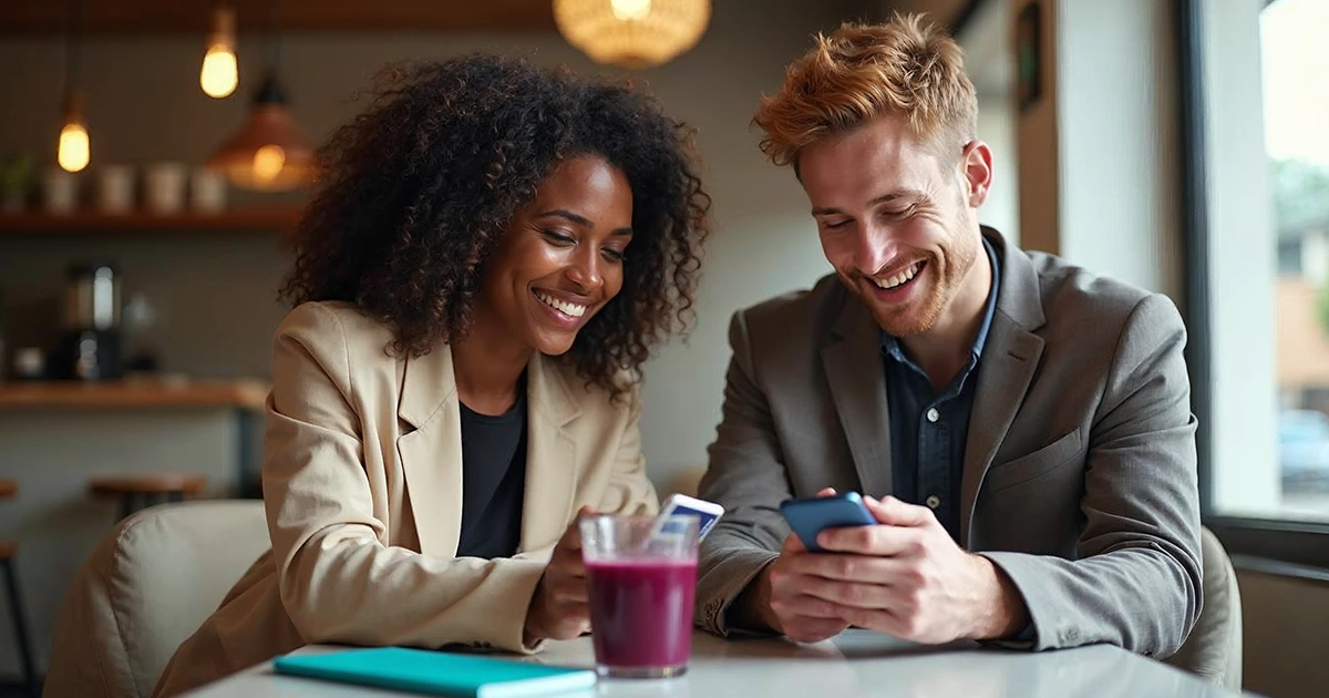 Two friends smiling at their phones in a café